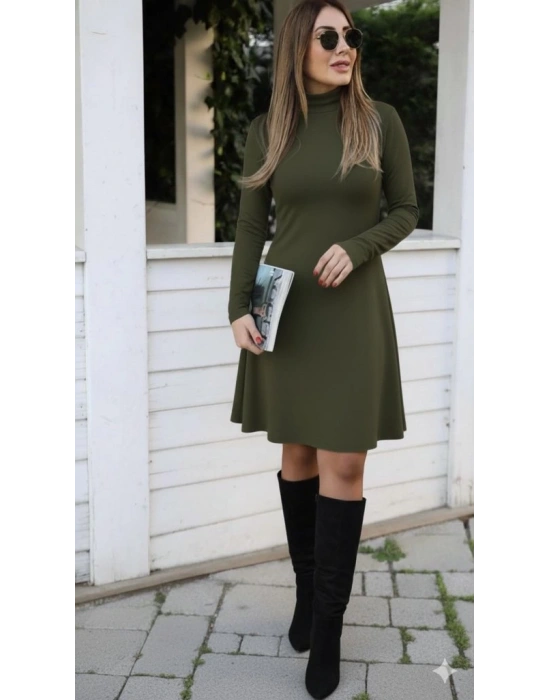 Kadın Uzun Kollu Balıkçı Yaka Salaş Mini Akrilik Elbise