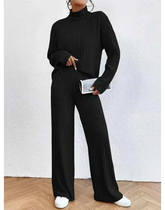 Kadın Uzun Kollu Balıkçı Yaka şardonlu Bluz Ve Pantolon Ikili Takım