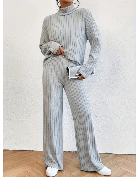 Kadın Uzun Kollu Balıkçı Yaka şardonlu Bluz Ve Pantolon Ikili Takım