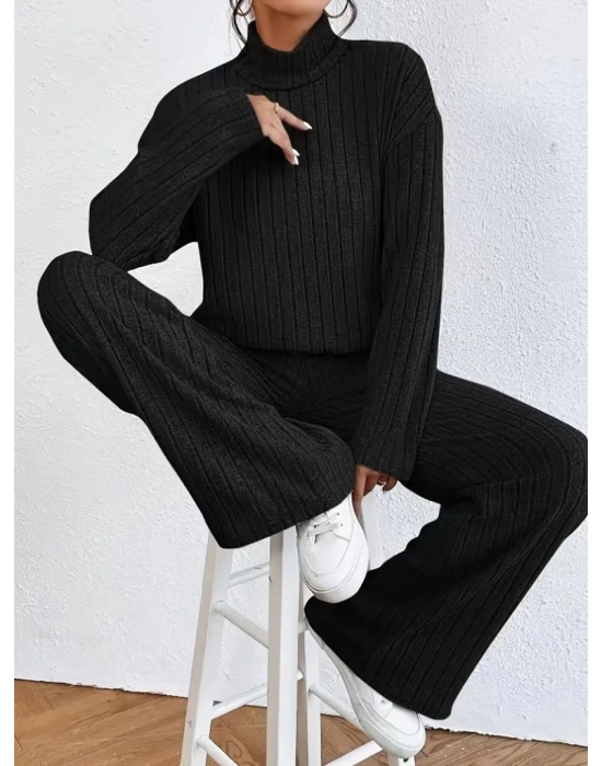 Kadın Uzun Kollu Balıkçı Yaka şardonlu Bluz Ve Pantolon Ikili Takım