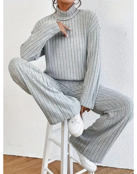 Kadın Uzun Kollu Balıkçı Yaka şardonlu Bluz Ve Pantolon Ikili Takım