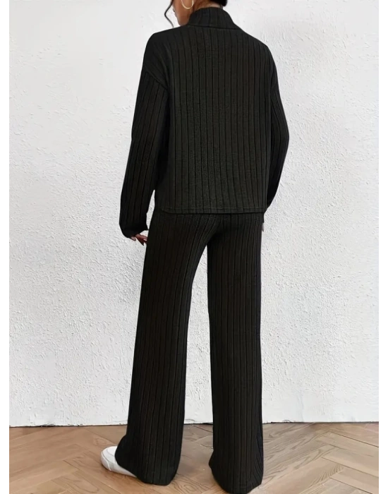 Kadın Uzun Kollu Balıkçı Yaka şardonlu Bluz Ve Pantolon Ikili Takım