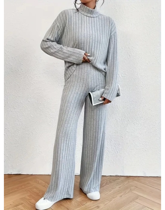 Kadın Uzun Kollu Balıkçı Yaka şardonlu Bluz Ve Pantolon Ikili Takım