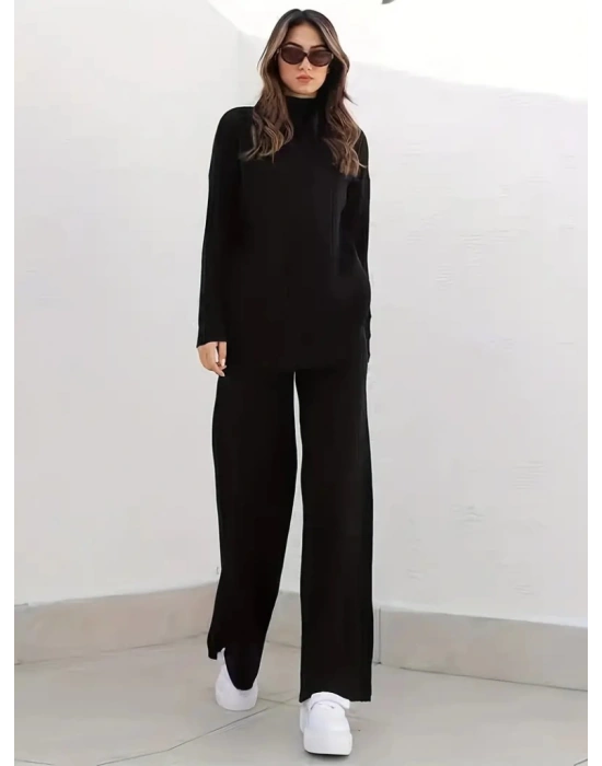 Kadın Uzun Kollu Balıkçı Yaka şardonlu Bluz Ve Pantolon Ikili Takım