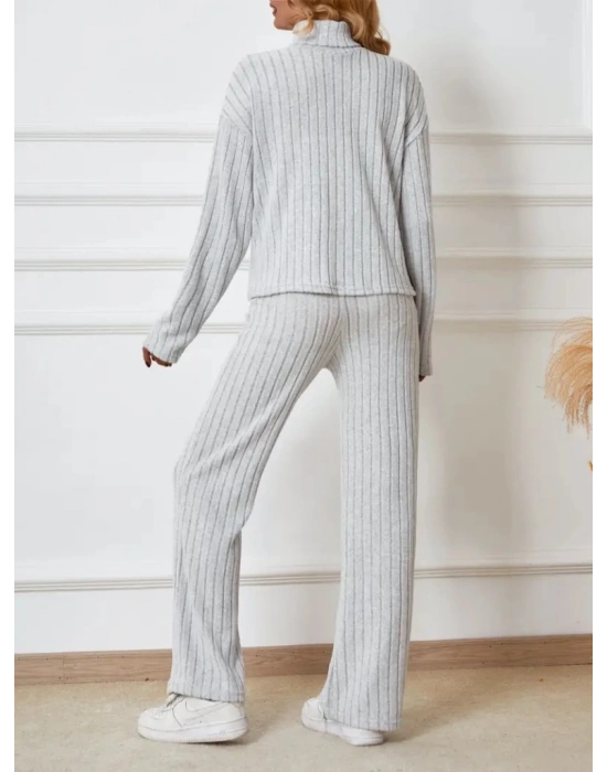 Kadın Uzun Kollu Balıkçı Yaka şardonlu Bluz Ve Pantolon Ikili Takım