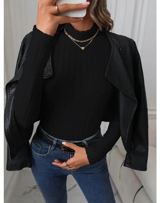 Kadın Uzun Kollu Balıkçı Yaka şardonlu Kaşkorse Bluz