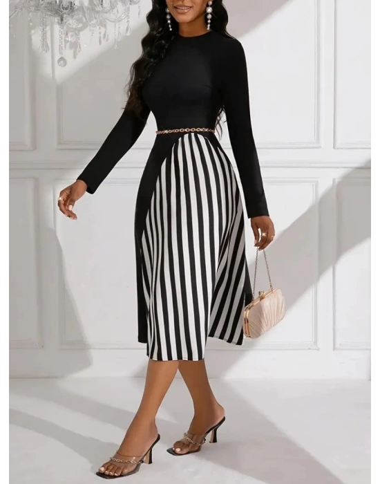 Kadın Uzun Kollu Balıkçı Yaka şerit Detaylı Dalgıç Elbise