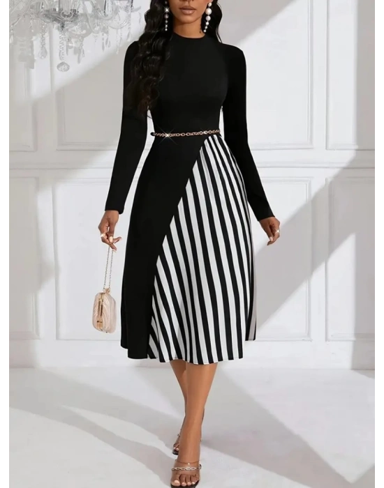 Kadın Uzun Kollu Balıkçı Yaka şerit Detaylı Dalgıç Elbise