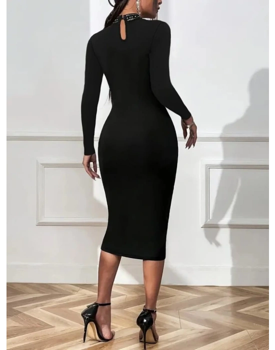 Kadın Uzun Kollu Balıkçı Yaka Taşlı Damla Detay Midi Ithal Krep Elbise