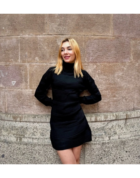 Kadın Uzun Kollu Balıkçı Yaka Triko Mini Boy Elbise