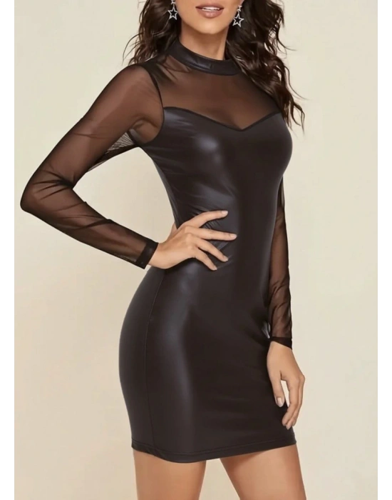 Kadın Uzun Kollu Balıkçı Yaka Tül Detaylı Mini Deri Elbise