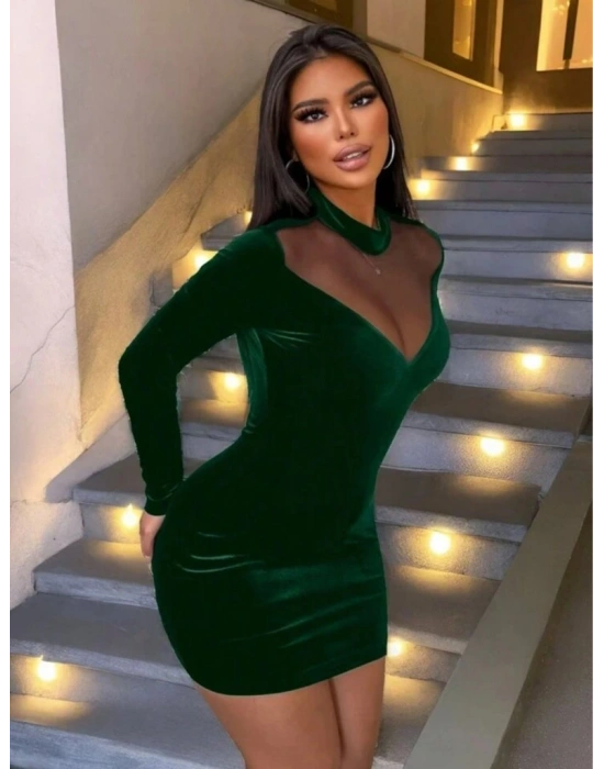 Kadın Uzun Kollu Balıkçı Yaka Tül Detaylı Mini Kadife Elbise