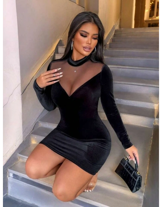 Kadın Uzun Kollu Balıkçı Yaka Tül Detaylı Mini Kadife Elbise