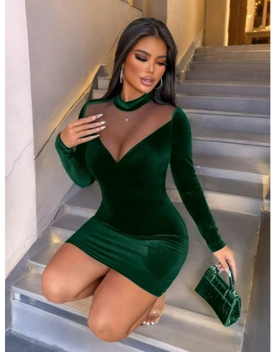 Kadın Uzun Kollu Balıkçı Yaka Tül Detaylı Mini Kadife Elbise