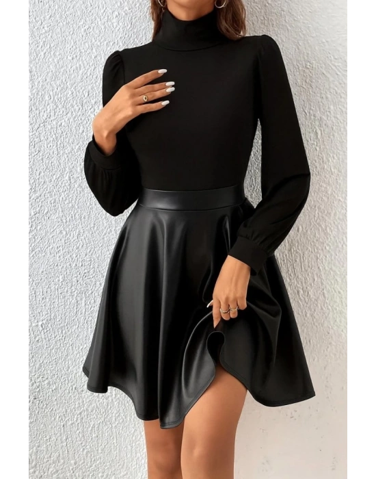 Kadın Uzun Kollu Balıkçı Yaka üst Kaşkorse Alt Deri Detaylı Mini Elbise