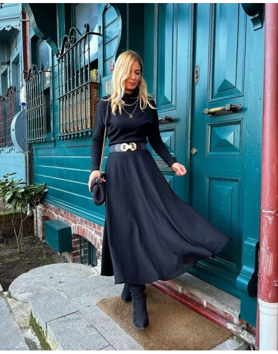 Kadın Uzun Kollu Balıkçı Yaka Uzun Akrilik Elbise