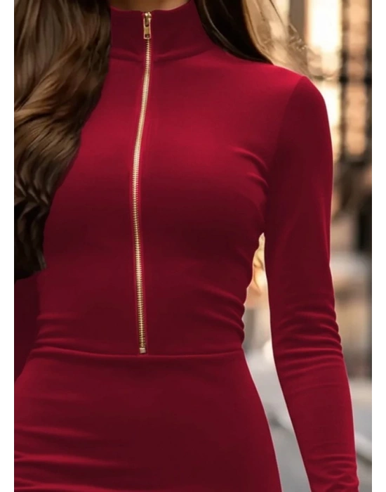 Kadın Uzun Kollu Balıkçı Yaka Yakadan Göğüse Kadar Fermuar Detaylı Mini Kadife Elbise