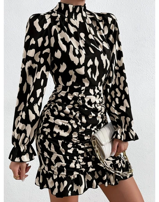 Kadın Uzun Kollu Balıkçı Yaka Yanlardan Büzgü Detaylı Kısa Dalgıç Elbise