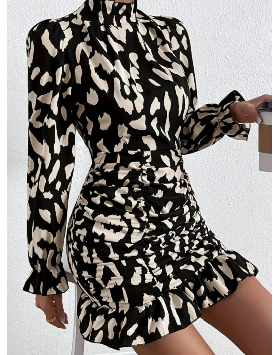 Kadın Uzun Kollu Balıkçı Yaka Yanlardan Büzgü Detaylı Kısa Dalgıç Elbise