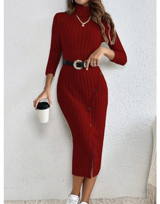 Kadın Uzun Kollu Balıkçı Yaka Yırtmaçlı Düğmeli şardonlu Kaşkorse Elbise