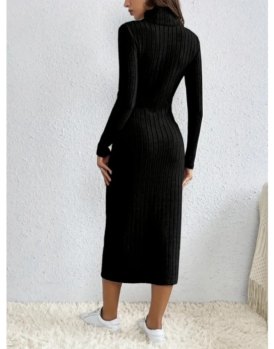 Kadın Uzun Kollu Balıkçı Yaka Yırtmaçlı Düğmeli şardonlu Kaşkorse Elbise