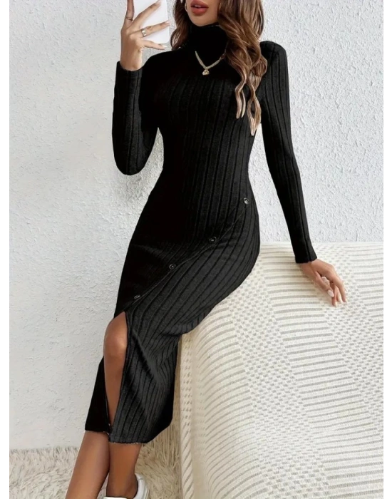 Kadın Uzun Kollu Balıkçı Yaka Yırtmaçlı Düğmeli şardonlu Kaşkorse Elbise(kemersiz)