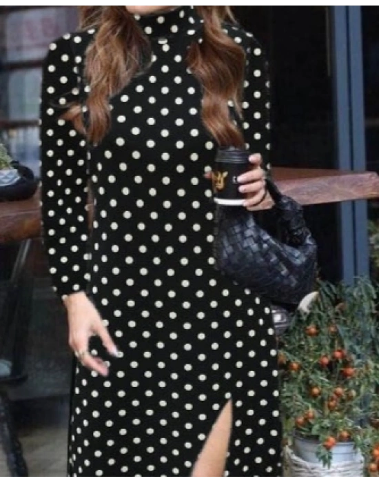 Kadın Uzun Kollu Balıkçı Yaka Yırtmaçlı Krep Elbise