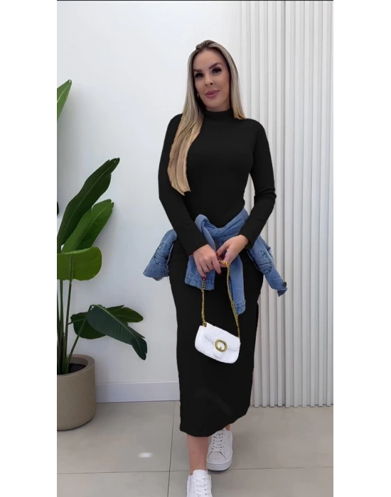 Kadın Uzun Kollu Balıkçı Yakalı Yanlardan Yırtmaçlı Kaşkorse Maxi Elbise