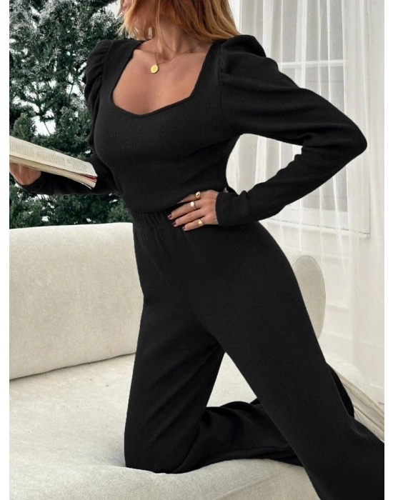 Kadın Uzun Kollu Balon Omuz Ve Kare Yaka Detay Bluz Ve Bol Baça Pantolon Ikili Takım