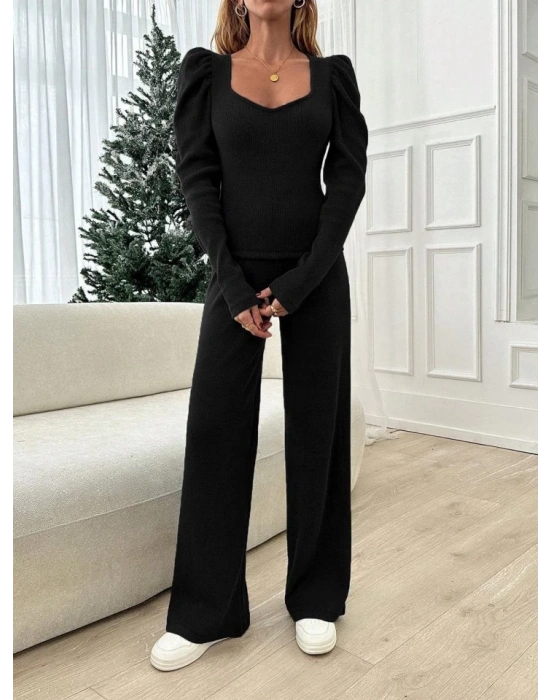 Kadın Uzun Kollu Balon Omuz Ve Kare Yaka Detay Bluz Ve Bol Baça Pantolon Ikili Takım