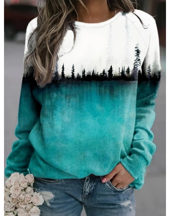 Kadın Uzun Kollu Baskılı şardonlu Dalgıç Bluz