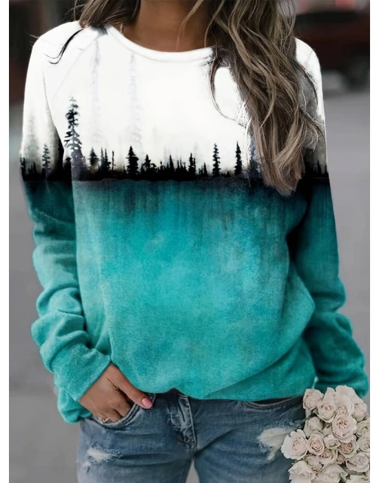 Kadın Uzun Kollu Baskılı şardonlu Dalgıç Bluz