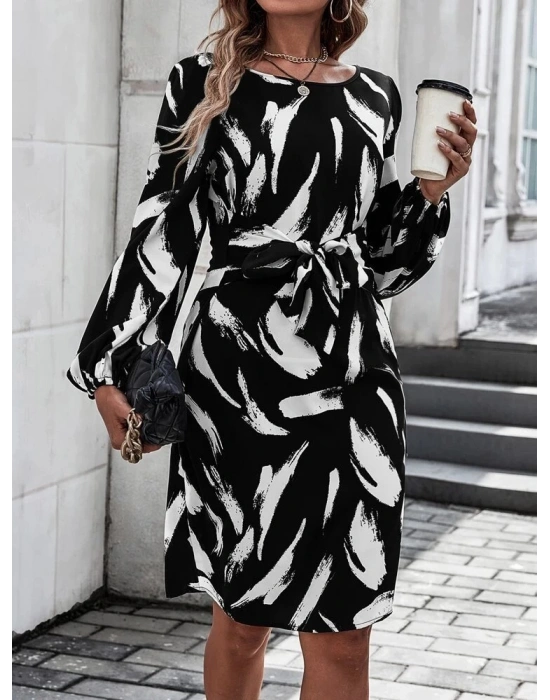 Kadın Uzun Kollu Bel Bağlama Detay Krep Elbise