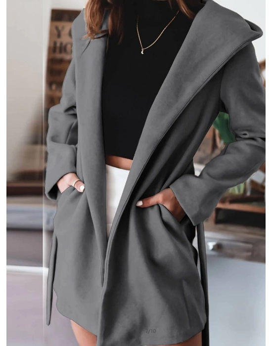 Kadın Uzun Kollu Belden Kuşaklı Kapşonlu Kısa Kaşe Kaban