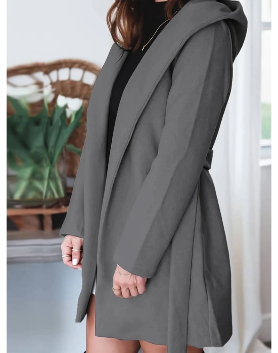 Kadın Uzun Kollu Belden Kuşaklı Kapşonlu Kısa Kaşe Kaban