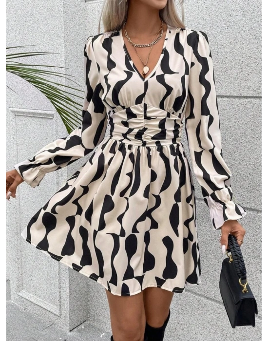 Kadın Uzun Kollu Beli Büzgü Detaylı Kolları Lastikli Dalgıç Midi Elbise