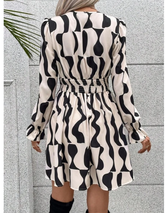 Kadın Uzun Kollu Beli Büzgü Detaylı Kolları Lastikli Dalgıç Midi Elbise