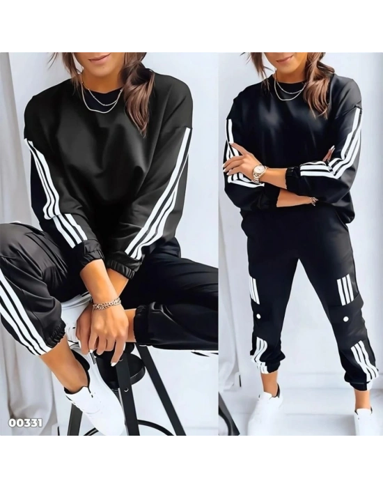 Kadın Uzun Kollu Beyaz şerit Detay Kargo Cep Iki Iplik Ikili Takım