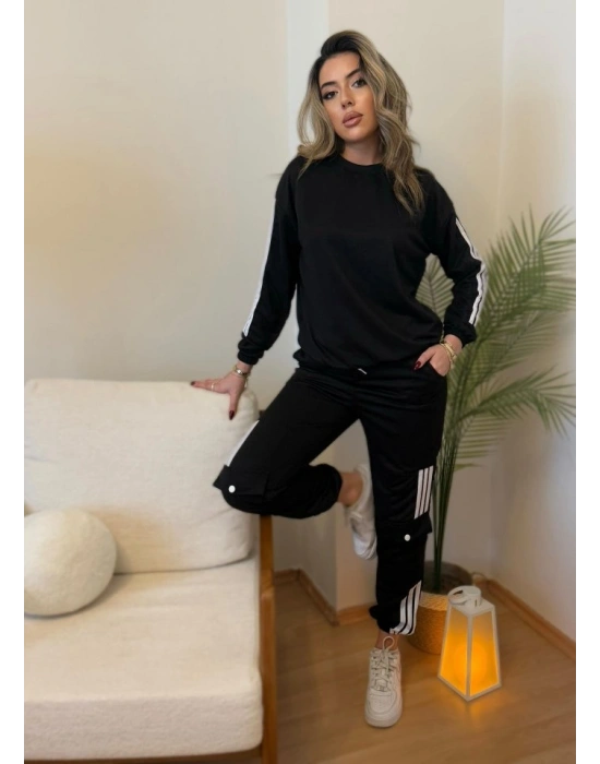 Kadın Uzun Kollu Beyaz şerit Detay Kargo Cep Iki Iplik Ikili Takım