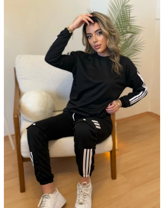 Kadın Uzun Kollu Beyaz şerit Detay Kargo Cep Iki Iplik Ikili Takım