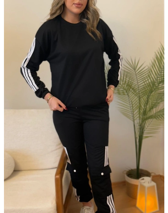 Kadın Uzun Kollu Beyaz şerit Detay Kargo Cep Iki Iplik Ikili Takım