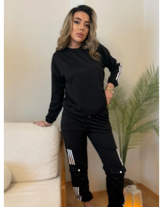 Kadın Uzun Kollu Beyaz şerit Detay Kargo Cep Iki Iplik Ikili Takım