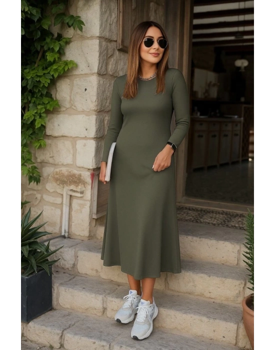 Kadın Uzun Kollu Bisiklet Yaka Arkası çapraz Detaylı Viskon Iki Iplik Maxi Elbise