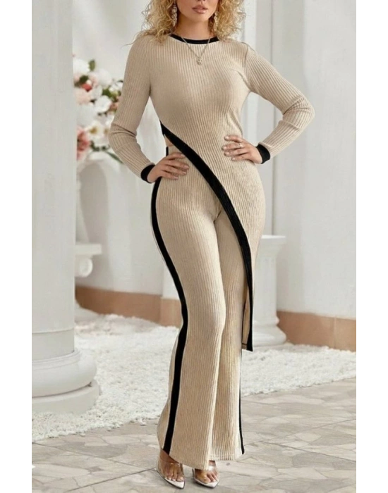 Kadın Uzun Kollu Bisiklet Yaka Asimetrik Kesim Bluz şardonlu Kaşkorse Bluz Ve Pantolon Ikili Takım