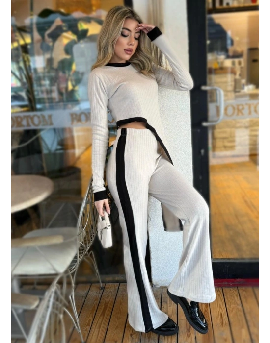 Kadın Uzun Kollu Bisiklet Yaka Asimetrik Kesim Bluz şardonlu Kaşkorse Bluz Ve Pantolon Ikili Takım