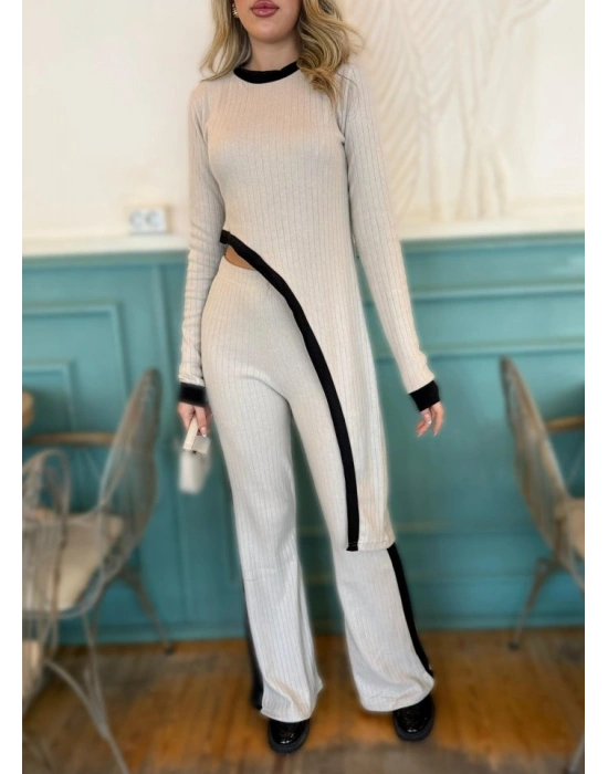 Kadın Uzun Kollu Bisiklet Yaka Asimetrik Kesim Bluz şardonlu Kaşkorse Bluz Ve Pantolon Ikili Takım