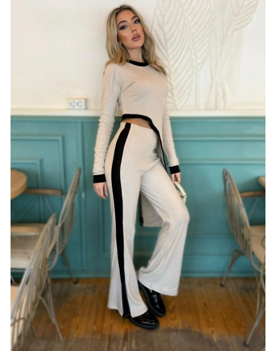 Kadın Uzun Kollu Bisiklet Yaka Asimetrik Kesim Bluz şardonlu Kaşkorse Bluz Ve Pantolon Ikili Takım