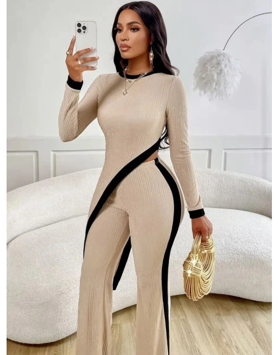 Kadın Uzun Kollu Bisiklet Yaka Asimetrik Kesim Bluz şardonlu Kaşkorse Bluz Ve Pantolon Ikili Takım