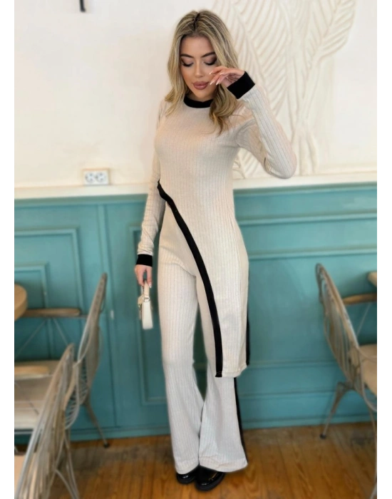 Kadın Uzun Kollu Bisiklet Yaka Asimetrik Kesim Bluz şardonlu Kaşkorse Bluz Ve Pantolon Ikili Takım