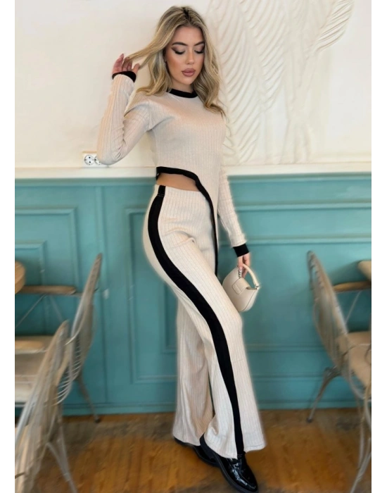 Kadın Uzun Kollu Bisiklet Yaka Asimetrik Kesim Bluz şardonlu Kaşkorse Bluz Ve Pantolon Ikili Takım